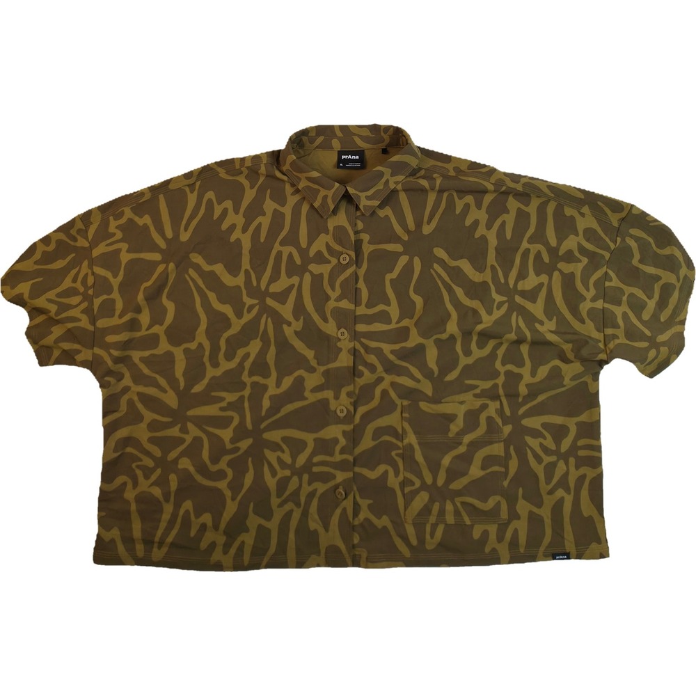 prAna Short Sleeve Button Up Shirt Womens XL Brown Abstract Print Excellent